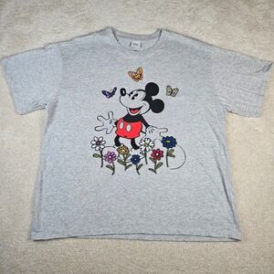 Disney Mickey Mouse T-Shirt XXL Gray Embroidery Flowers Butterflies Graphic Tee